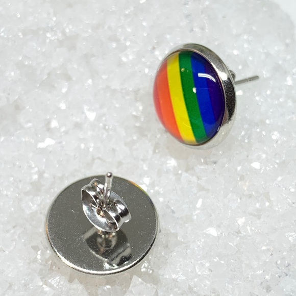 LGBT Rainbow Glass Cabochon Stud Earrings - Picture 4 of 8